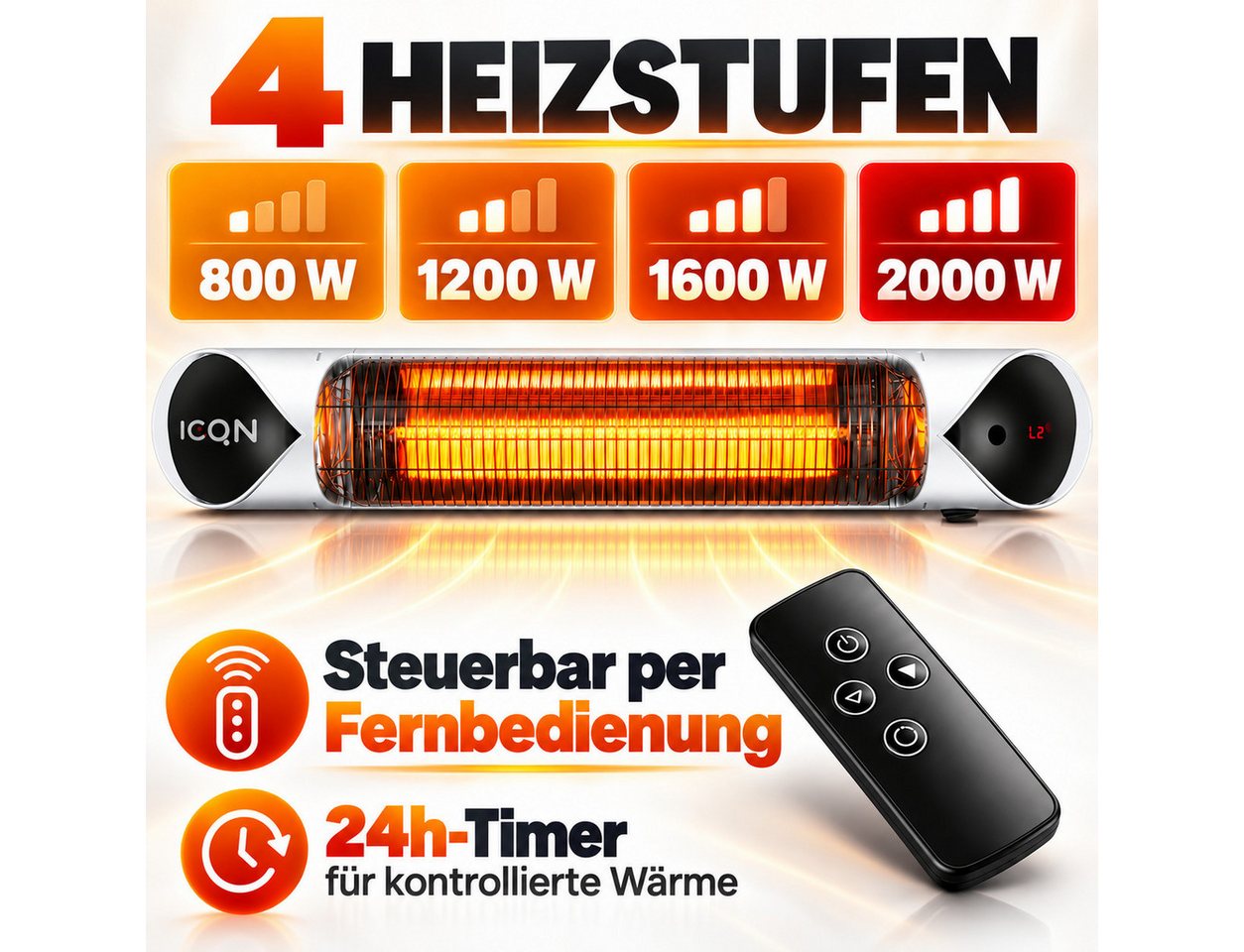 ICQN Heizstrahler ICQN Infrarot Heizstrahler 2000 W mit Ständer, Fernbedienung, IP55, 2000 W, mit Fernbedienung, Kohlenstoff Infrarotstrahler, Innen- & Außenbereich Bild 5