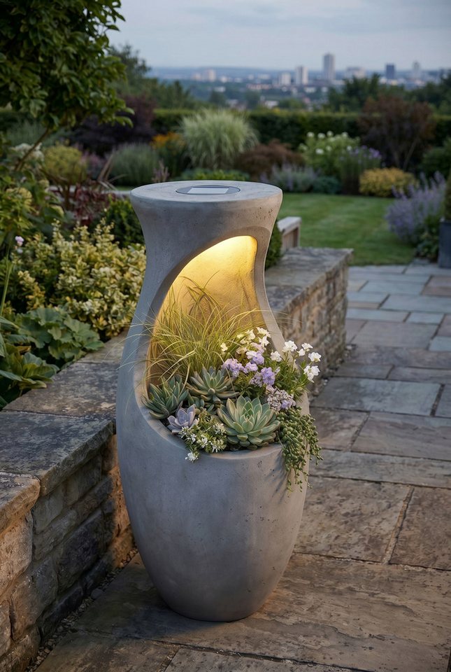 Arnusa Pflanzkübel Design Blumentopf mit LED Solarbeleuchtung 61 cm Betonoptik 7kg, Gartendekoration mit Licht