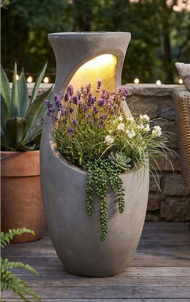 Arnusa Pflanzkübel Design Blumentopf mit LED Solarbeleuchtung 61 cm Betonoptik 7kg, Gartendekoration mit Licht Bild 2