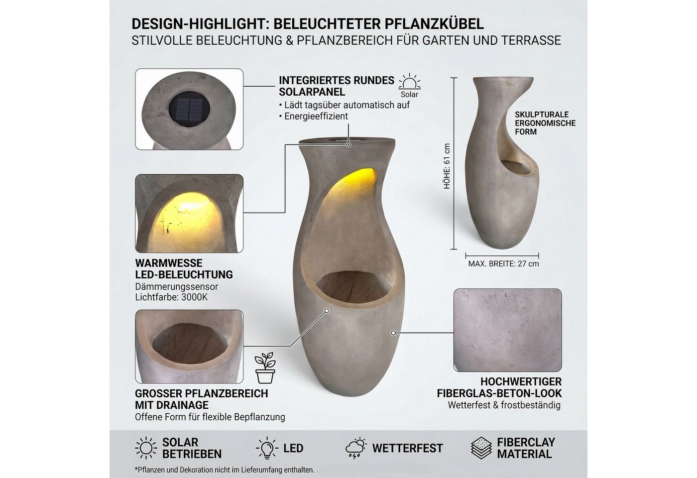 Arnusa Pflanzkübel Design Blumentopf mit LED Solarbeleuchtung 61 cm Betonoptik 7kg, Gartendekoration mit Licht Bild 3