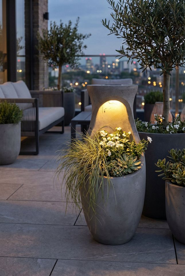 Arnusa Pflanzkübel Design Blumentopf mit LED Solarbeleuchtung 61 cm Betonoptik 7kg, Gartendekoration mit Licht Bild 5