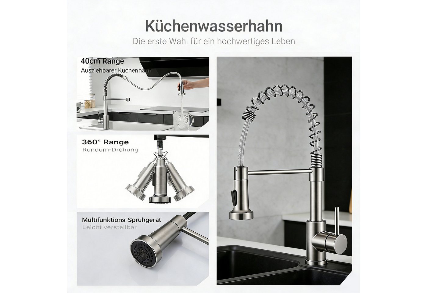 AICA Küchenarmatur Feder Ausziehbar Wasserhahn Spültischarmatur Abnehmbar 2 Strahlarten