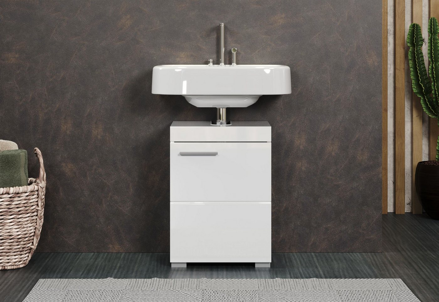 trendteam Waschbeckenunterschrank Badunterschrank in Weiß Melamin & Weiß Hochglanz B/H/T: 40x56x34 cm Bild 3