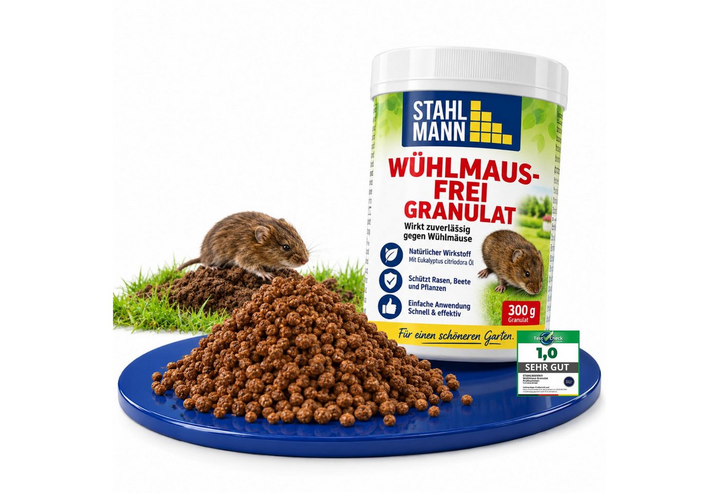 STAHLMANN Vergrämungsmittel Wühlmaus Granulat [300 g] Wühlmäuse vertreiben mit Langzeitwirkung, 300 g, 300 g, Zitroneneukalyptusöl, Langzeitwirkung, Made in Germany