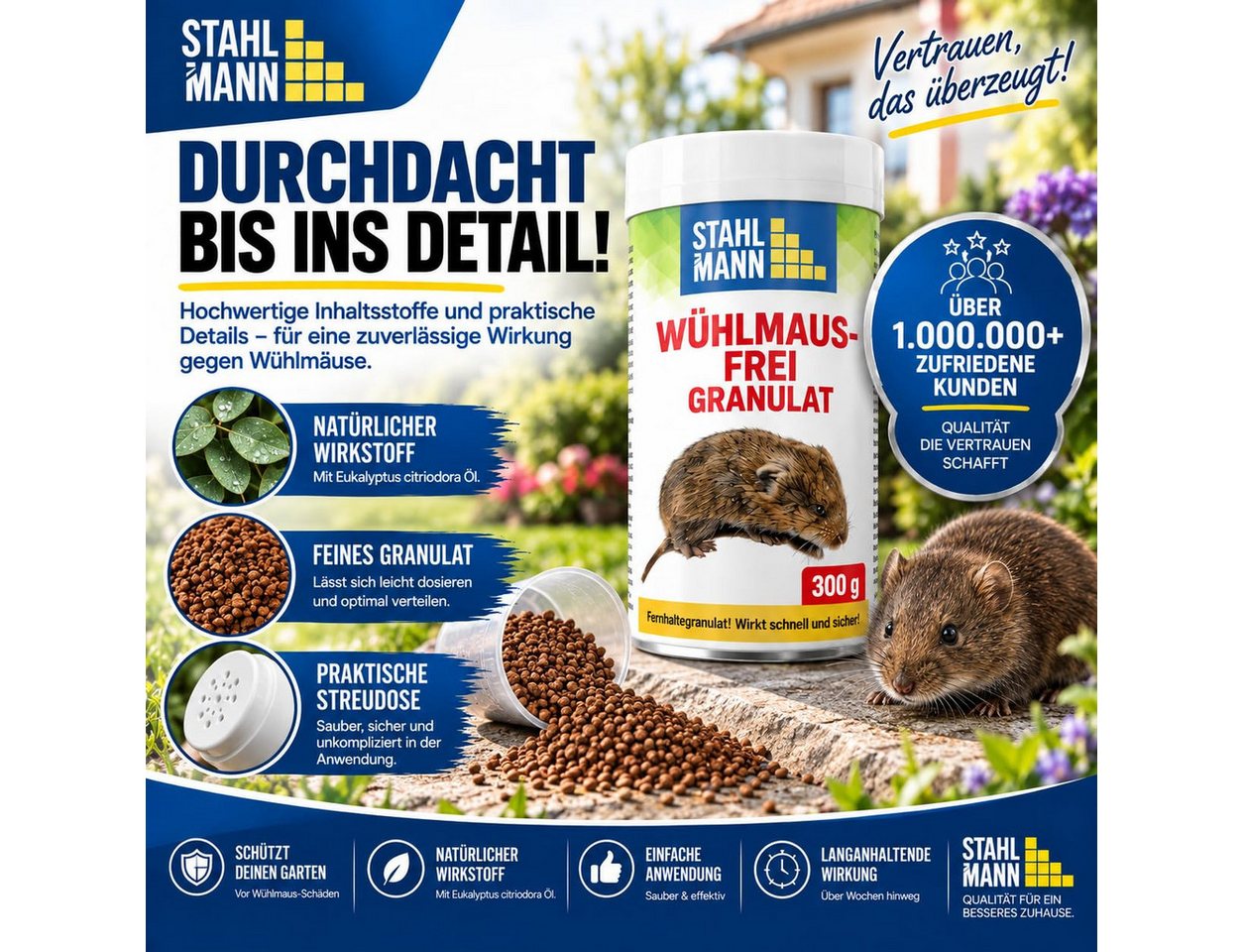 STAHLMANN Vergrämungsmittel Wühlmaus Granulat [300 g] Wühlmäuse vertreiben mit Langzeitwirkung, 300 g, 300 g, Zitroneneukalyptusöl, Langzeitwirkung, Made in Germany Bild 2