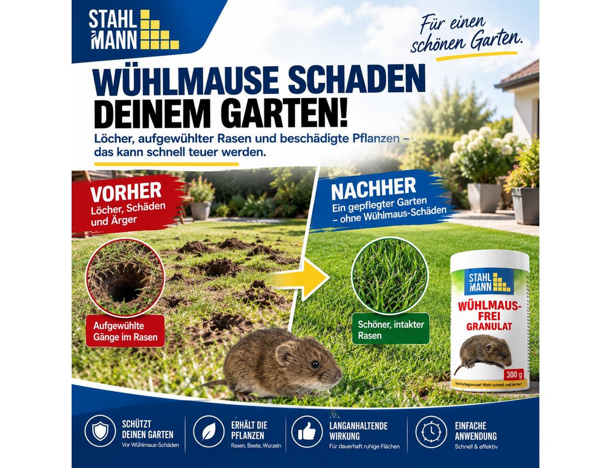 STAHLMANN Vergrämungsmittel Wühlmaus Granulat [300 g] Wühlmäuse vertreiben mit Langzeitwirkung, 300 g, 300 g, Zitroneneukalyptusöl, Langzeitwirkung, Made in Germany Bild 3