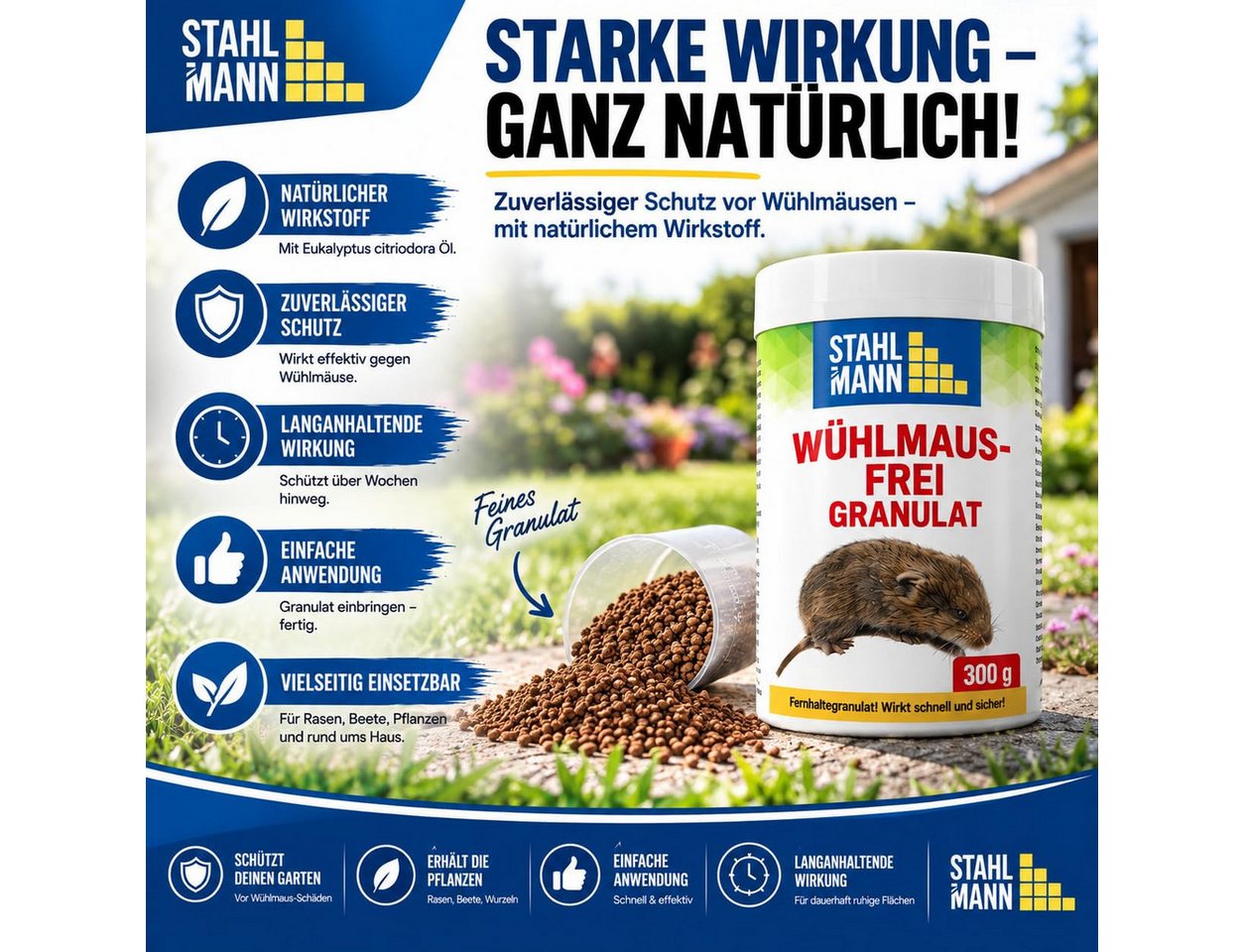STAHLMANN Vergrämungsmittel Wühlmaus Granulat [300 g] Wühlmäuse vertreiben mit Langzeitwirkung, 300 g, 300 g, Zitroneneukalyptusöl, Langzeitwirkung, Made in Germany Bild 4