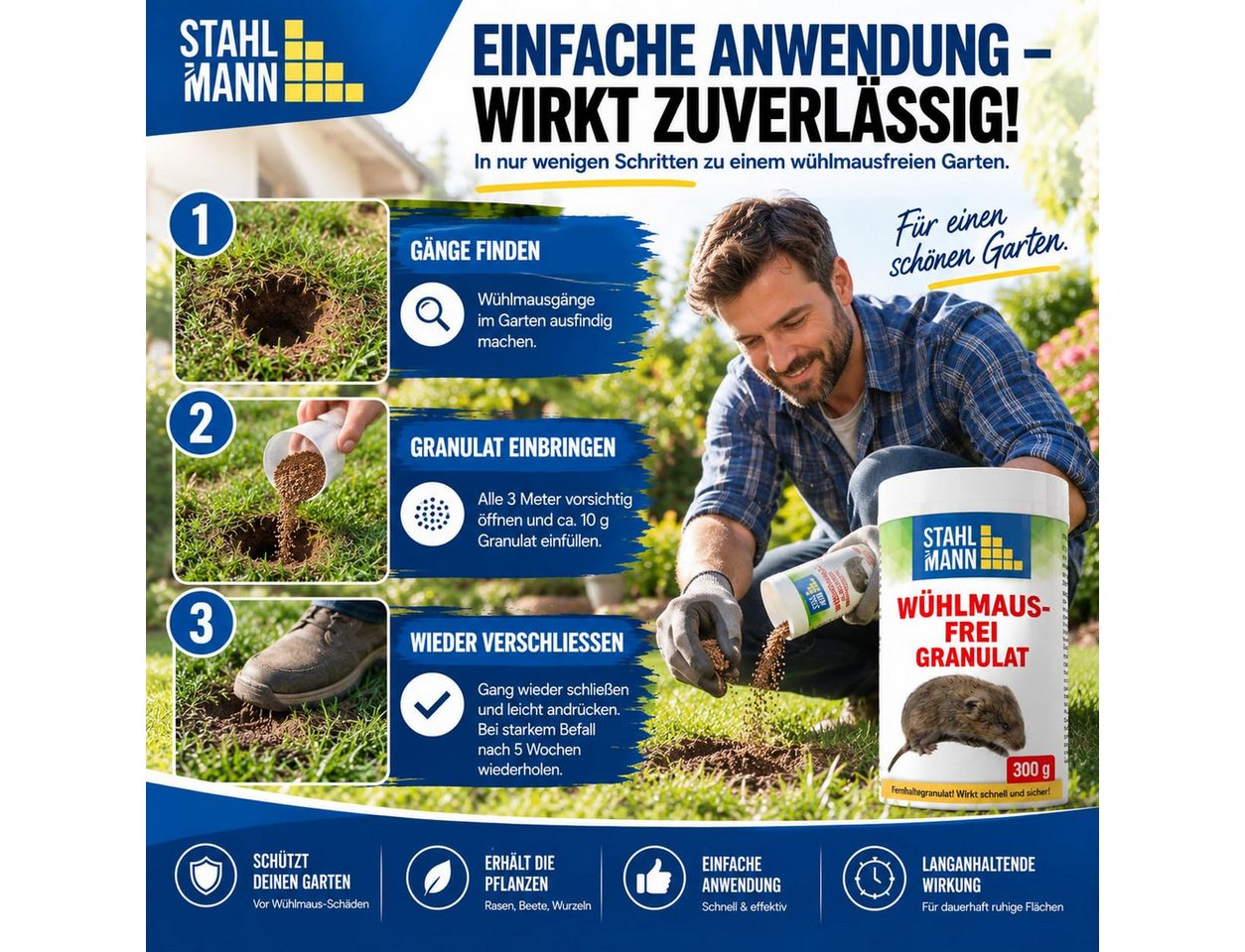 STAHLMANN Vergrämungsmittel Wühlmaus Granulat [300 g] Wühlmäuse vertreiben mit Langzeitwirkung, 300 g, 300 g, Zitroneneukalyptusöl, Langzeitwirkung, Made in Germany Bild 5