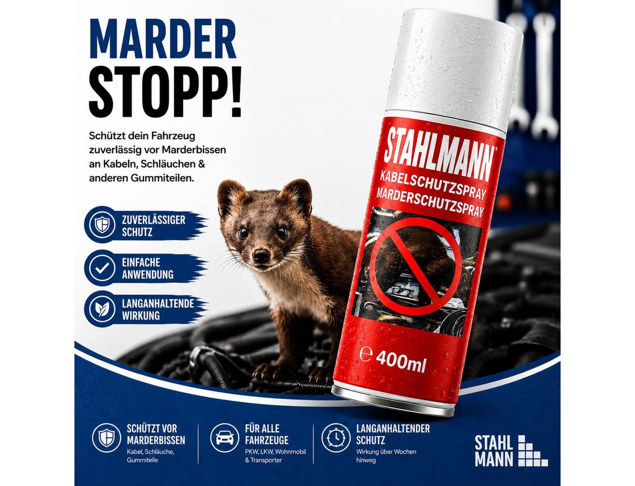 STAHLMANN Marderspray Marderschreck Auto [400 ml] Marderabwehr Motorraum Langzeitschutz, 400 ml, 400 ml, für Kabel und Schläuche, Langzeitschutz, ohne Montage