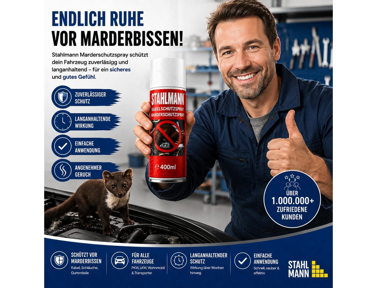 STAHLMANN Marderspray Marderschreck Auto [400 ml] Marderabwehr Motorraum Langzeitschutz, 400 ml, 400 ml, für Kabel und Schläuche, Langzeitschutz, ohne Montage Bild 3