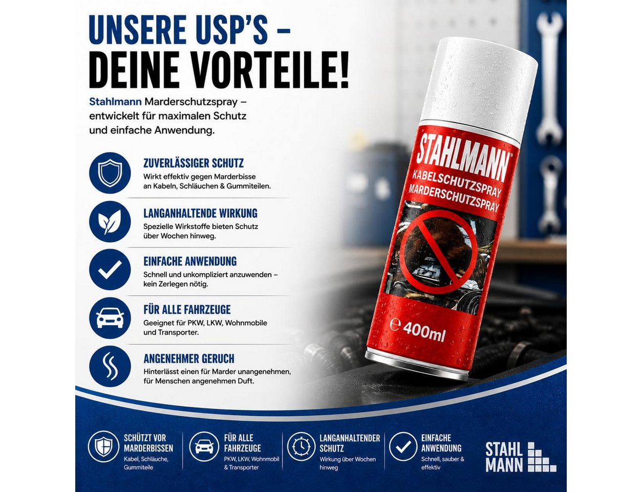 STAHLMANN Marderspray Marderschreck Auto [400 ml] Marderabwehr Motorraum Langzeitschutz, 400 ml, 400 ml, für Kabel und Schläuche, Langzeitschutz, ohne Montage Bild 4