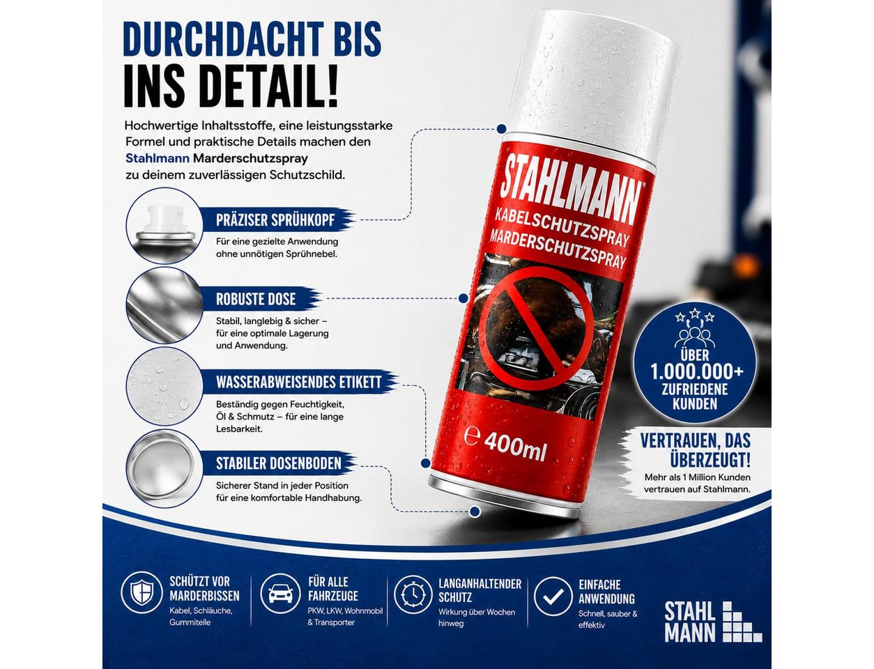 STAHLMANN Marderspray Marderschreck Auto [400 ml] Marderabwehr Motorraum Langzeitschutz, 400 ml, 400 ml, für Kabel und Schläuche, Langzeitschutz, ohne Montage Bild 5