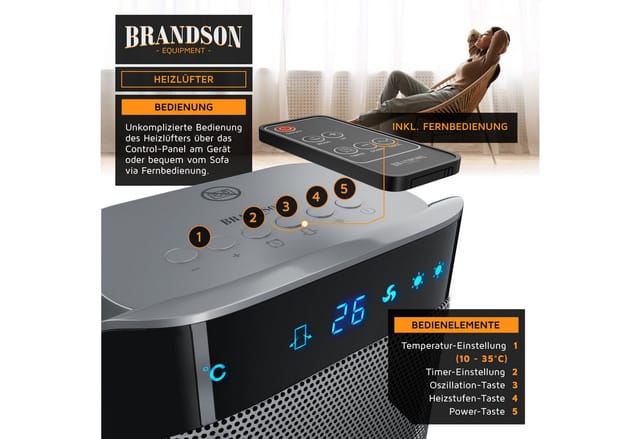 Brandson Heizlüfter Fernbedienung, energiesparend, leise, Oszillation, Keramik Heizung, 2000 W, Timer, Preisträger 2026, GS zertifiziert, Badezimmer Keramikheizlüfter