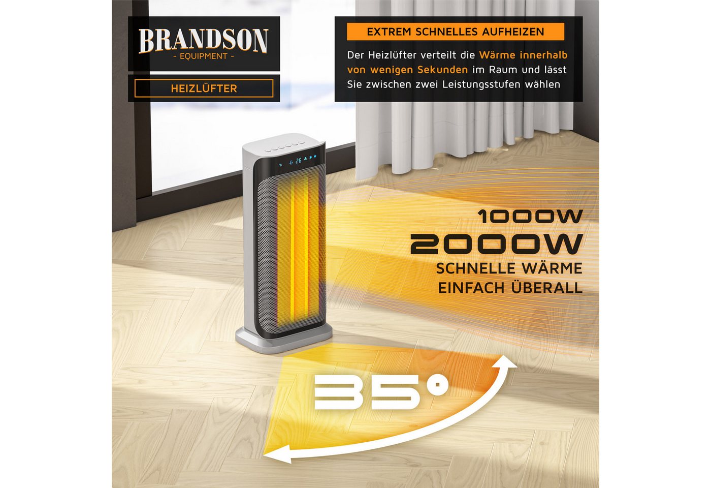 Brandson Heizlüfter Fernbedienung, energiesparend, leise, Oszillation, Keramik Heizung, 2000 W, Timer, Preisträger 2026, GS zertifiziert, Badezimmer Keramikheizlüfter Bild 2