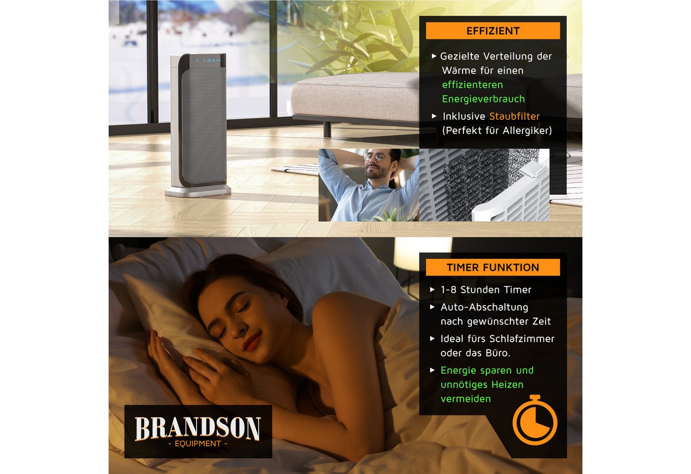 Brandson Heizlüfter Fernbedienung, energiesparend, leise, Oszillation, Keramik Heizung, 2000 W, Timer, Preisträger 2026, GS zertifiziert, Badezimmer Keramikheizlüfter Bild 3