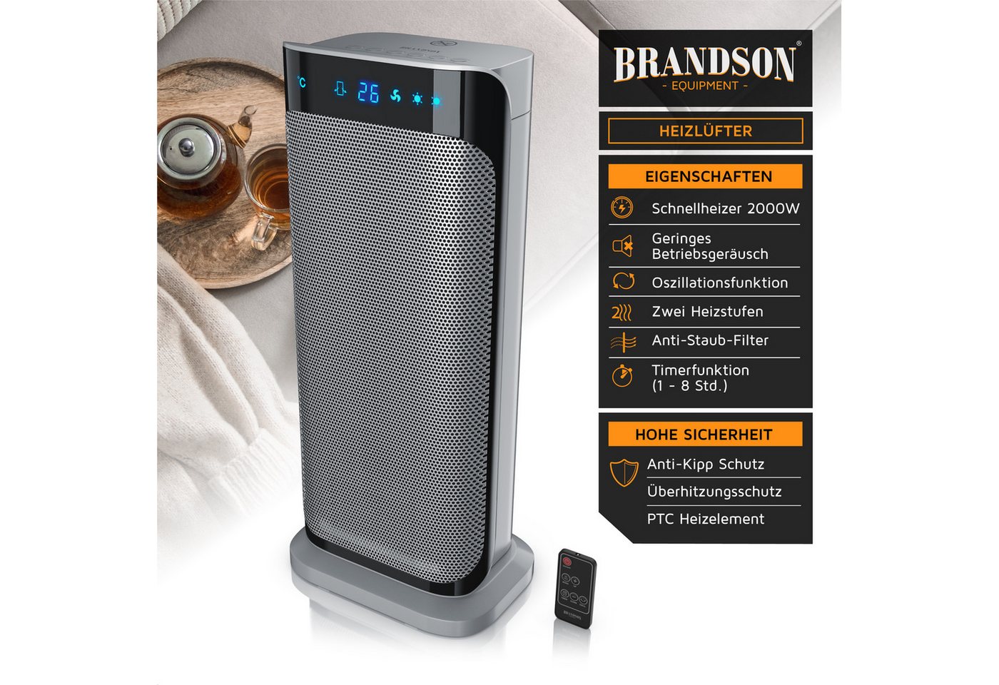 Brandson Heizlüfter Fernbedienung, energiesparend, leise, Oszillation, Keramik Heizung, 2000 W, Timer, Preisträger 2026, GS zertifiziert, Badezimmer Keramikheizlüfter Bild 5