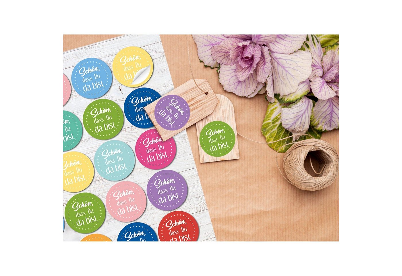 Logbuch-Verlag Aufkleber 24 runde Aufkleber bunt rosa gelb blau grün SCHÖN DASS DU DA BIST 4 cm