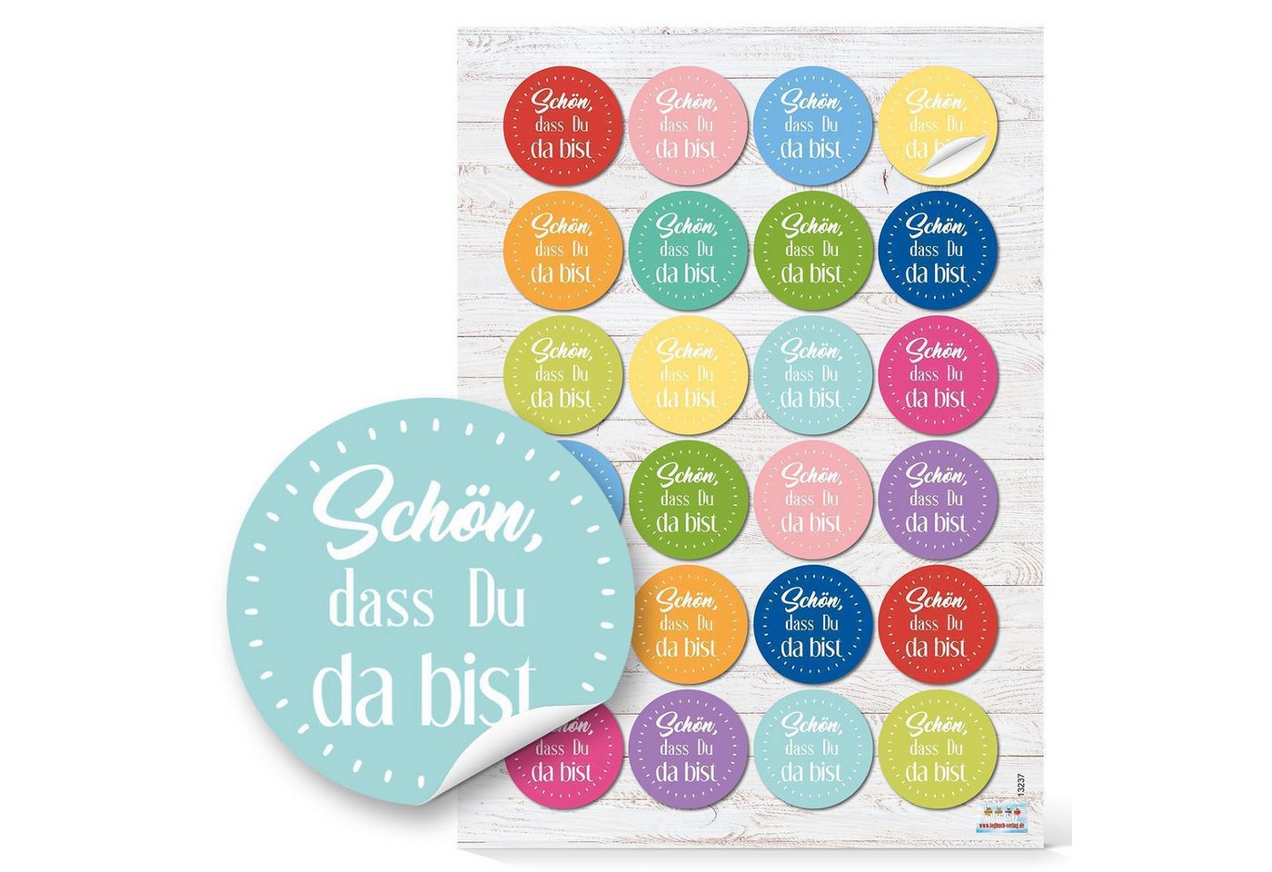 Logbuch-Verlag Aufkleber 24 runde Aufkleber bunt rosa gelb blau grün SCHÖN DASS DU DA BIST 4 cm Bild 2