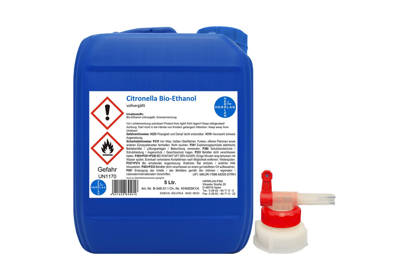 HERRLAN Bioethanol Citronella-Ethanol I Kamin-Ethanol I vollvergällt, 5 l, inkl. 1 x AGH I HERRLAN-Qualität I Made in Germany