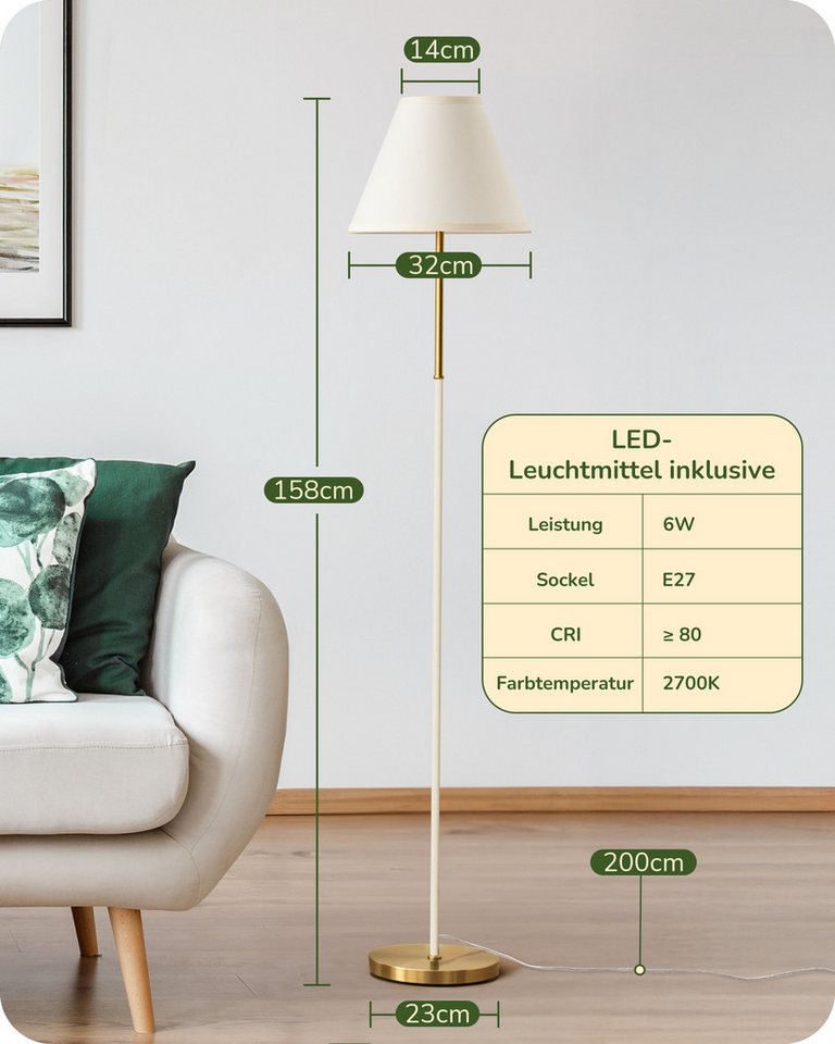 EDISHINE Stehlampe Wohnzimmer, LED wechselbar, warmweiß, Leselampe für Ecke, mit Leinenstoff-Schirm, 2700K, weiß