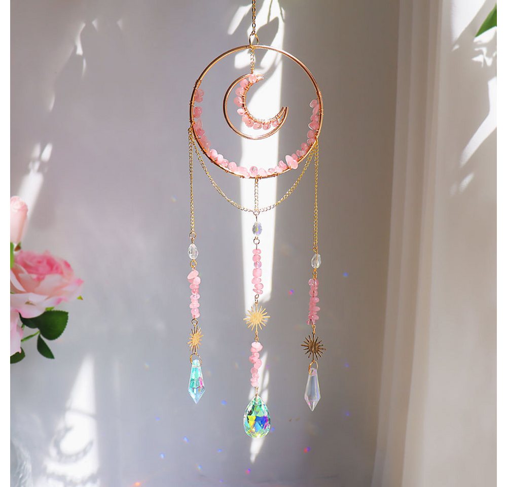 Karmandala Fensterdekoration Lichtspiel Edelstein Sonnenfänger mit Kristall Regenbogen Windspiel, echte Rosenquarz Edelsteine für Liebe, Harmonie und Verbundenheit