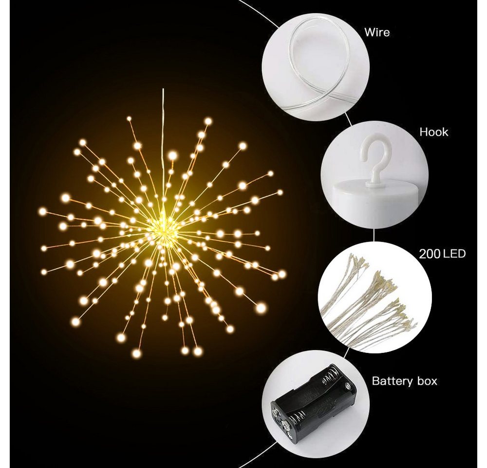Qualra LED-Lichterkette 200LEDs Feuerwerk Lichterkette Batterie 8 Modi Hängend Fernbedienung, Draußen Weihnachtsdekoration