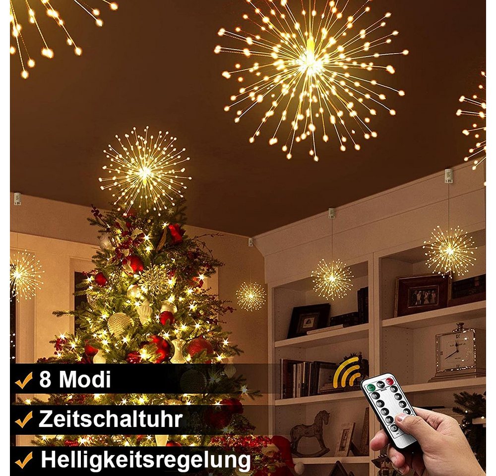 Qualra LED-Lichterkette 200LEDs Feuerwerk Lichterkette Batterie 8 Modi Hängend Fernbedienung, Draußen Weihnachtsdekoration Bild 4