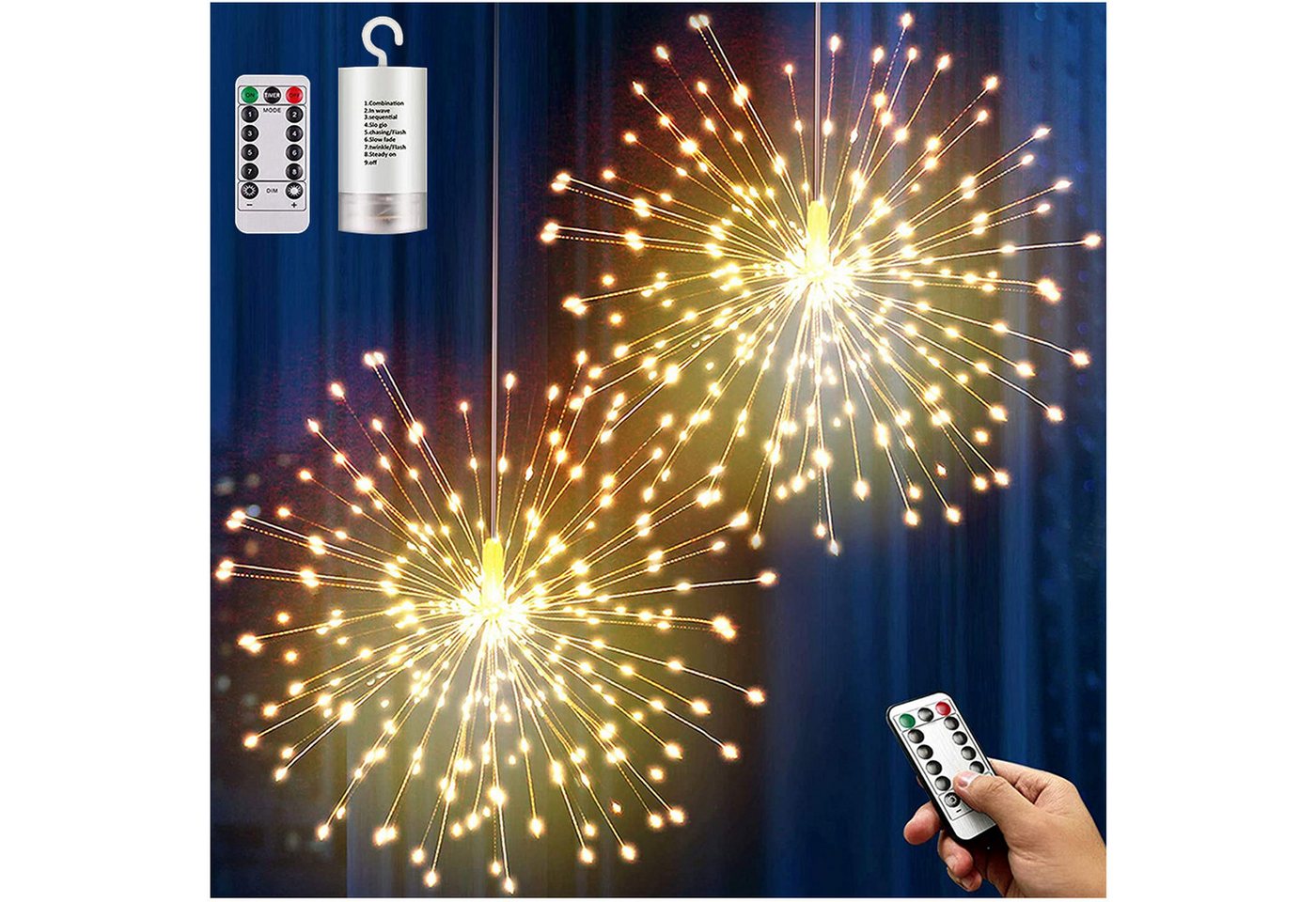 Qualra LED-Lichterkette 200LEDs Feuerwerk Lichterkette Batterie 8 Modi Hängend Fernbedienung, Draußen Weihnachtsdekoration Bild 5