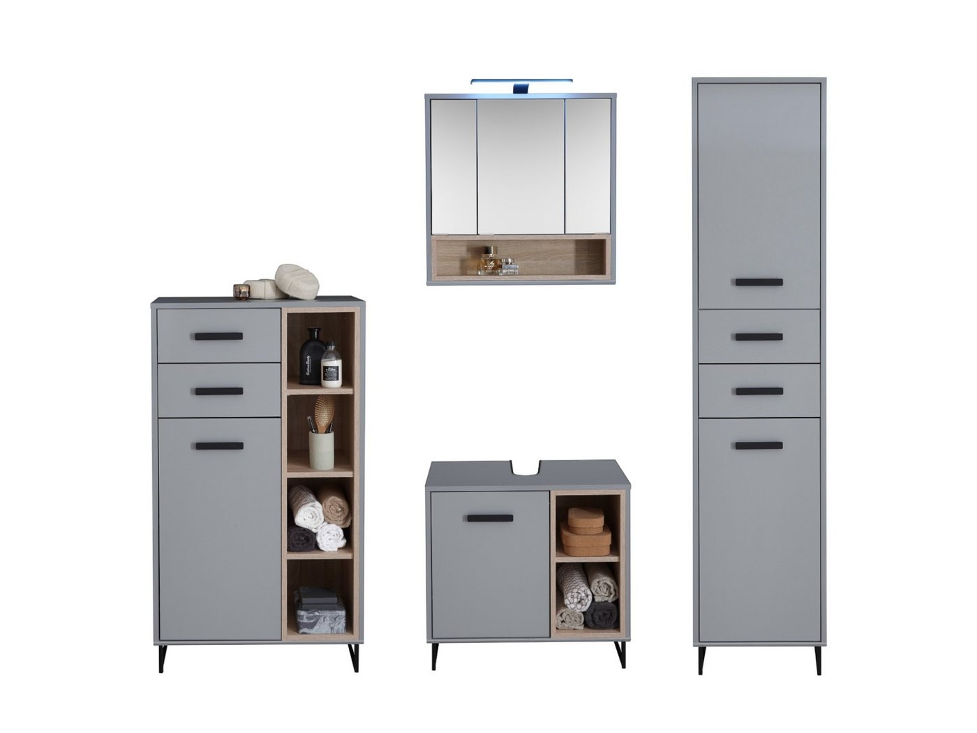 moebel-dich-auf Badmöbel-Set TOURS, (Set 1, Hochschrank, Spiegelschrank, Waschbeckenunterschrank, Highboard)