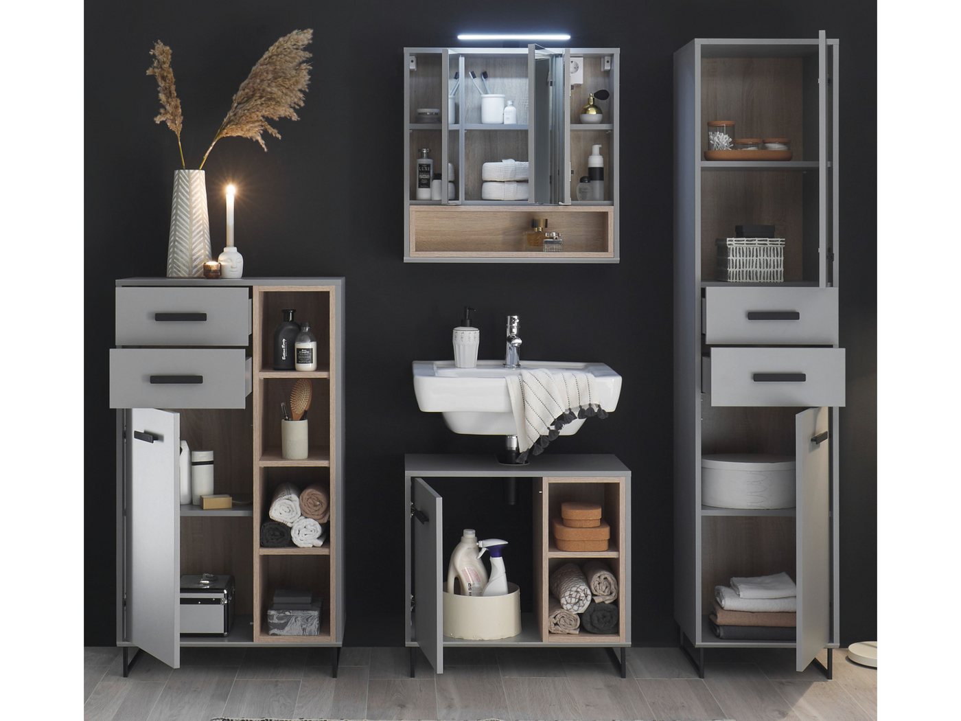 moebel-dich-auf Badmöbel-Set TOURS, (Set 1, Hochschrank, Spiegelschrank, Waschbeckenunterschrank, Highboard) Bild 3