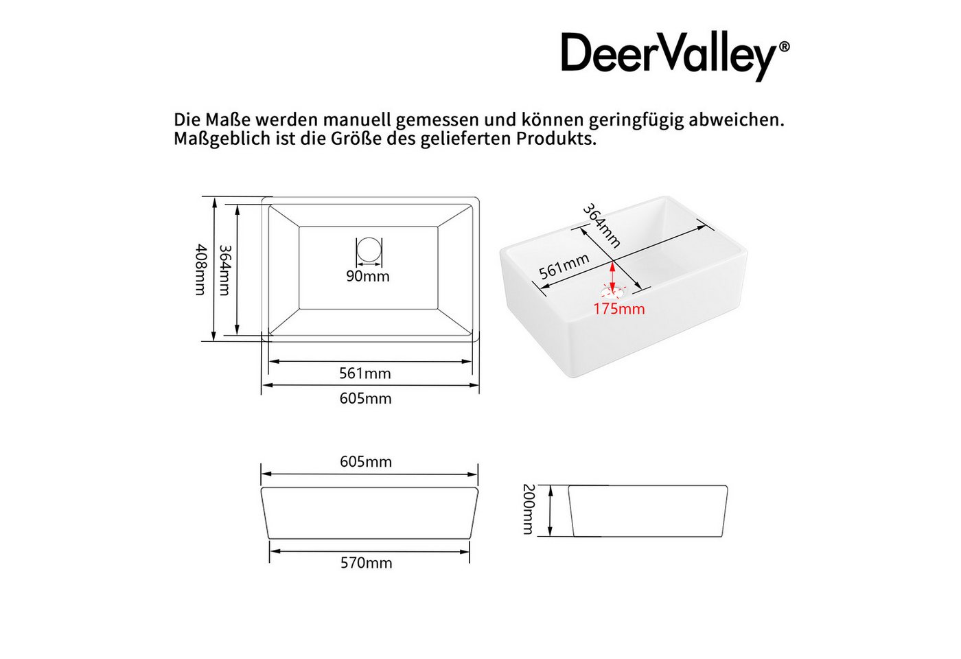 DeerValley Küchenspüle DeerValley Küchenspüle, Geneigter Boden, glatte Glasur und robuste Keramik, (3-teilig, Spüle, Ablaufgarnitur und Edelstahl-Bodengitter), Farmhouse-Spüle mit Schürzenfront, Gefälle und 90-mm-Ablauf