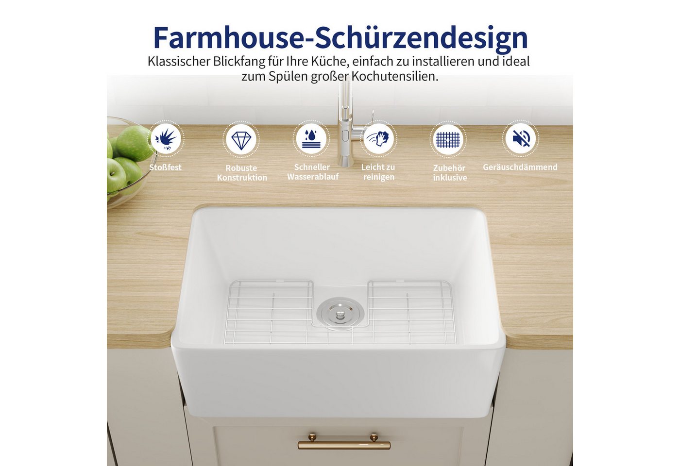 DeerValley Küchenspüle DeerValley Küchenspüle, Geneigter Boden, glatte Glasur und robuste Keramik, (3-teilig, Spüle, Ablaufgarnitur und Edelstahl-Bodengitter), Farmhouse-Spüle mit Schürzenfront, Gefälle und 90-mm-Ablauf Bild 2