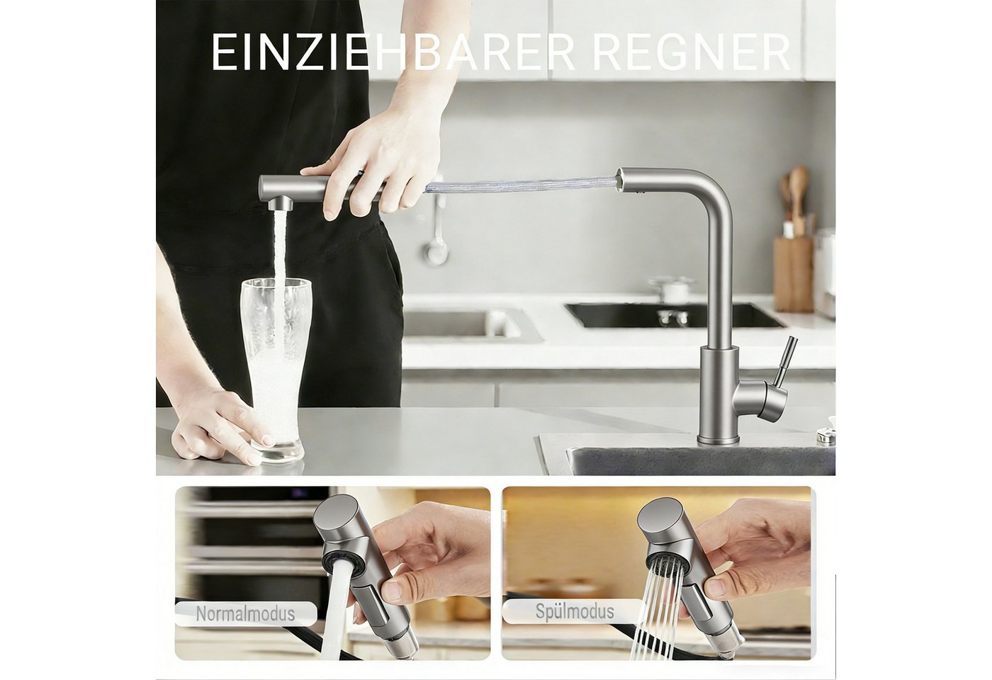 AICA Küchenarmatur Ausziehbare Küchenarmatur Edelstahl 360° L-Form Einhebelmischer Bild 3