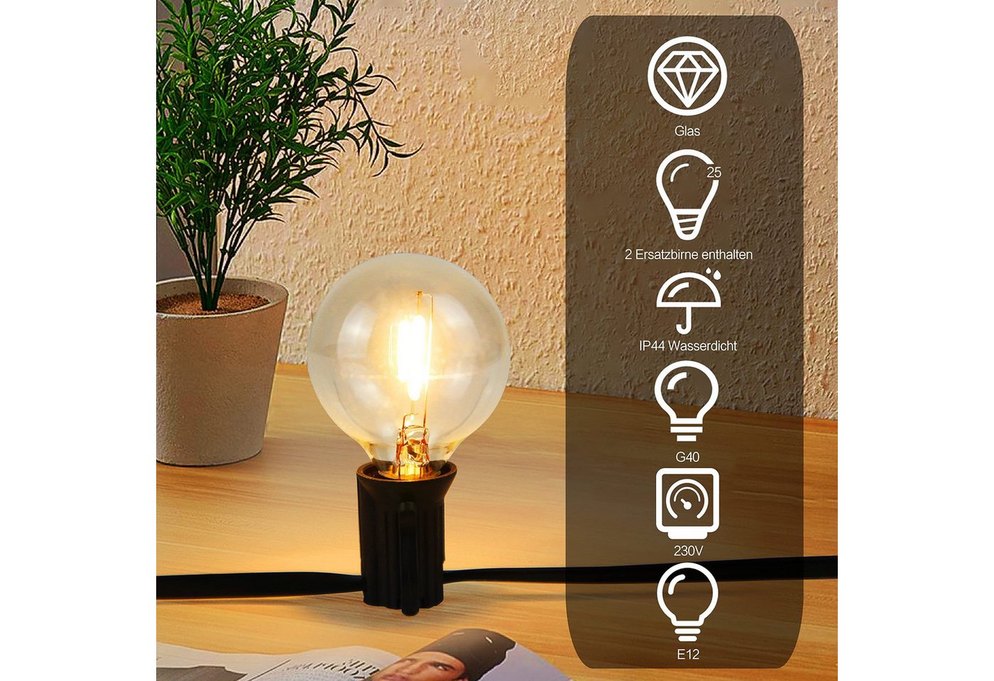 ZMH LED-Lichterkette 7,6 Meter, 27 G40-Glühbirnen + 2 Ersatz, Warmweiß, E12-Fassung., 27-flammig, Verbindbar, wasserdicht, für Wohnzimmer, Garten und Terrasse. Bild 5