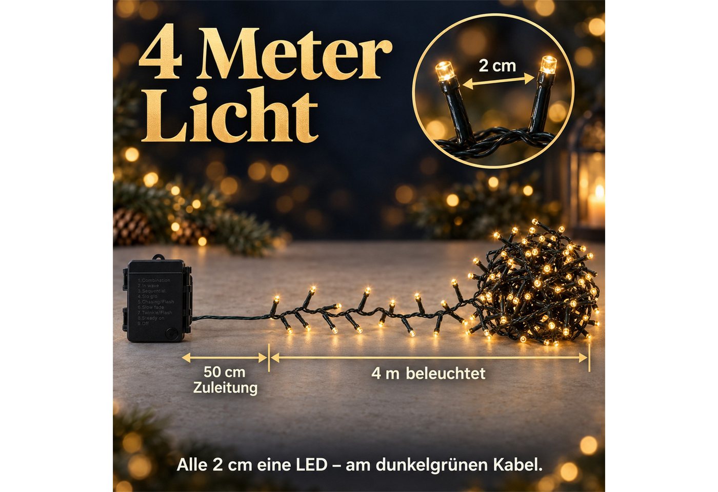 INtrenDU LED-Lichterkette mit 200 LEDs, 4 m, Batterie & Timer, 8 Leuchtmodi, Memory-Funktion, wasserdichtes Batteriefach