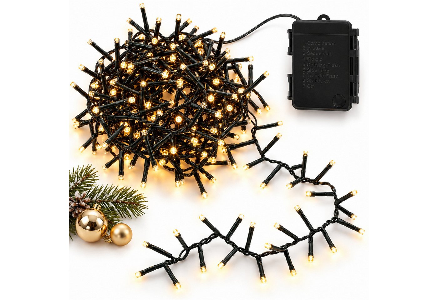 INtrenDU LED-Lichterkette mit 200 LEDs, 4 m, Batterie & Timer, 8 Leuchtmodi, Memory-Funktion, wasserdichtes Batteriefach Bild 3