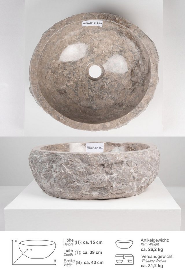 wohnfreuden Aufsatzwaschbecken Erosi Marmor Waschbecken 40 cm grau (Kein Set), 125883_MDaS12.159