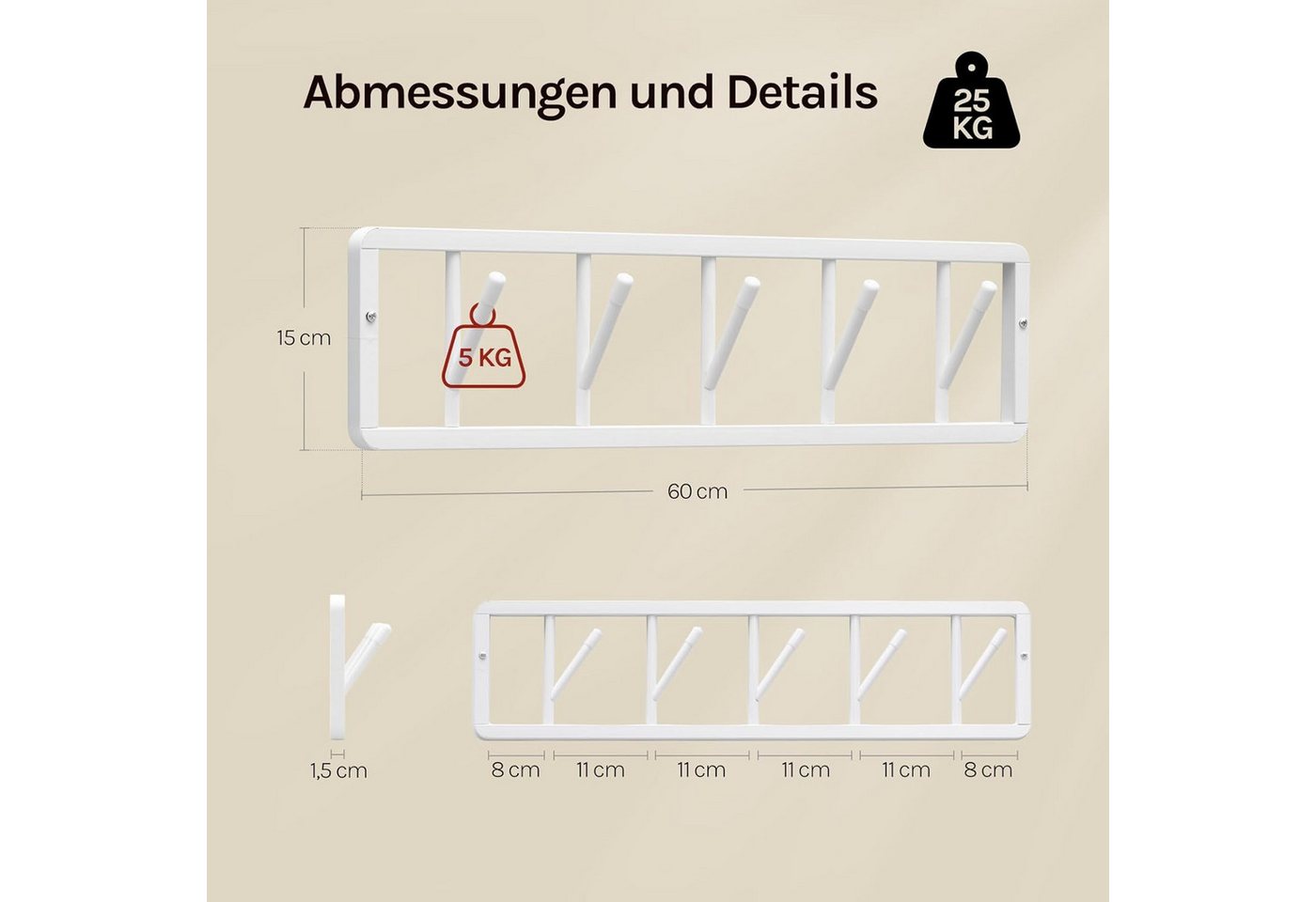 Woltu Wandgarderobe (2 St), mit 5 drehbaren Garderobenhaken, aus Metall Bild 4