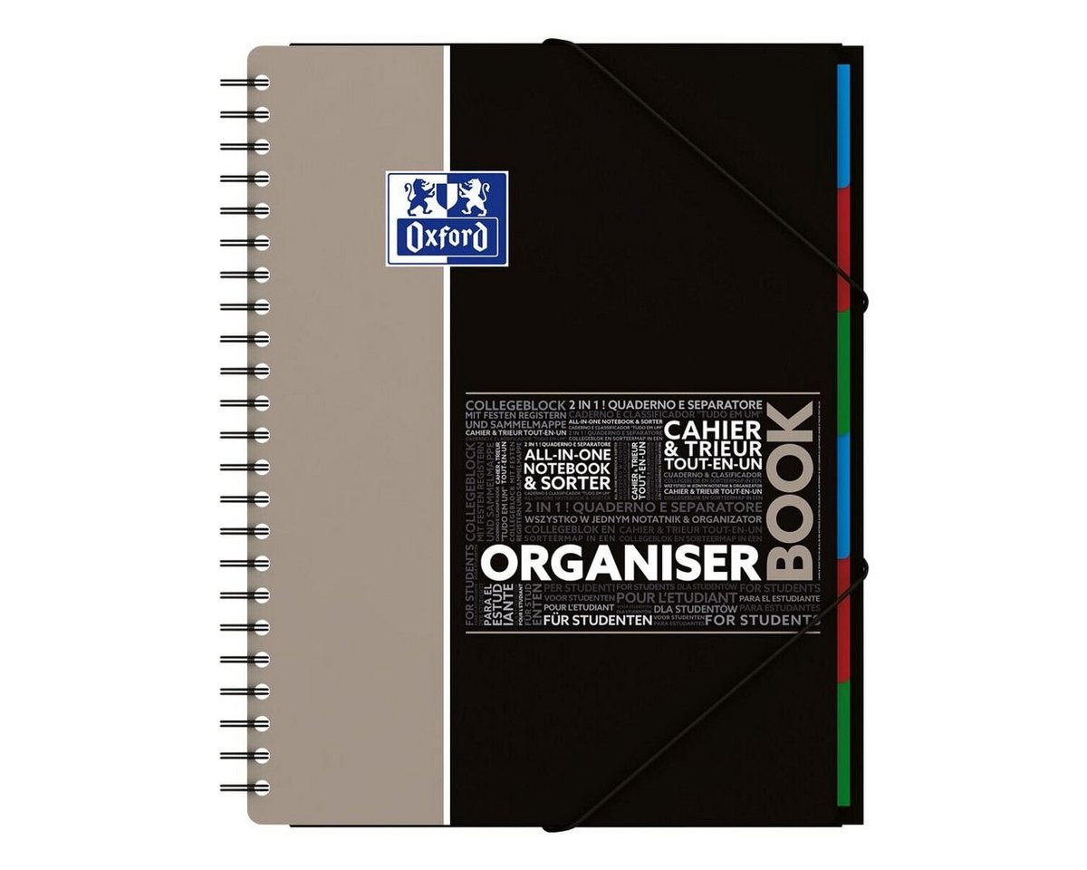 OXFORD Collegeblock Studium Organiserbook, A4+ kariert, 80 Blatt, inkl. 6 Register und Gummizug