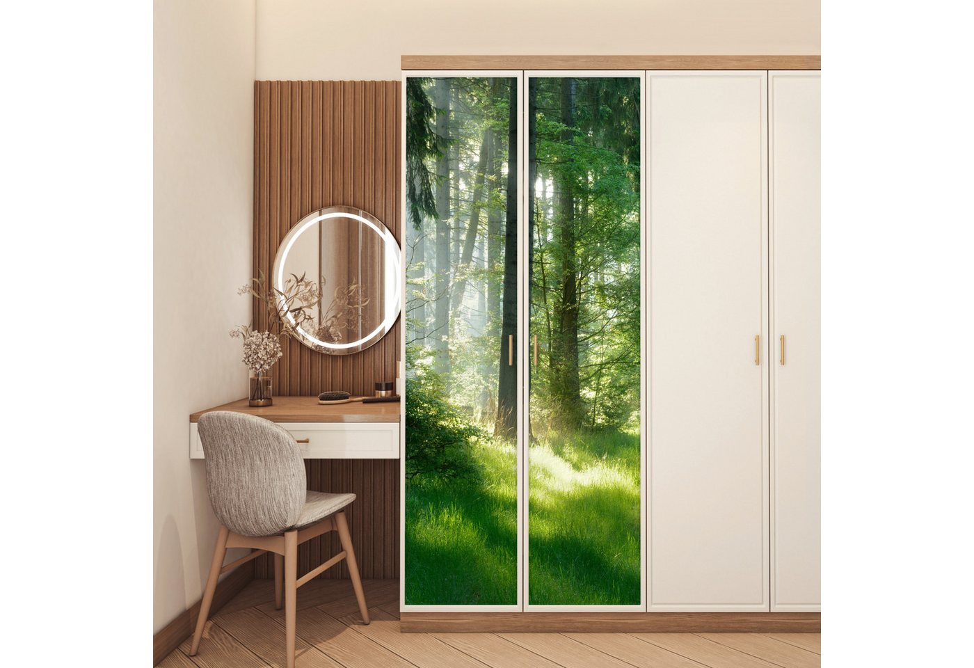 MuchoWow Türtapete Natur - Bäume - Wald - Grün - Sonne - Gras - Pflanzen, Matt, bedruckt, (1 St), Selbstklebende Tapete, Folie für Möbel, 70x215 cm