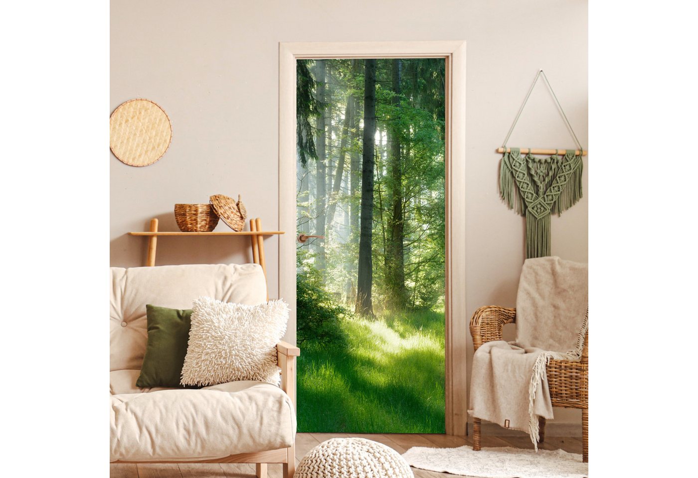 MuchoWow Türtapete Natur - Bäume - Wald - Grün - Sonne - Gras - Pflanzen, Matt, bedruckt, (1 St), Selbstklebende Tapete, Folie für Möbel, 70x215 cm Bild 2