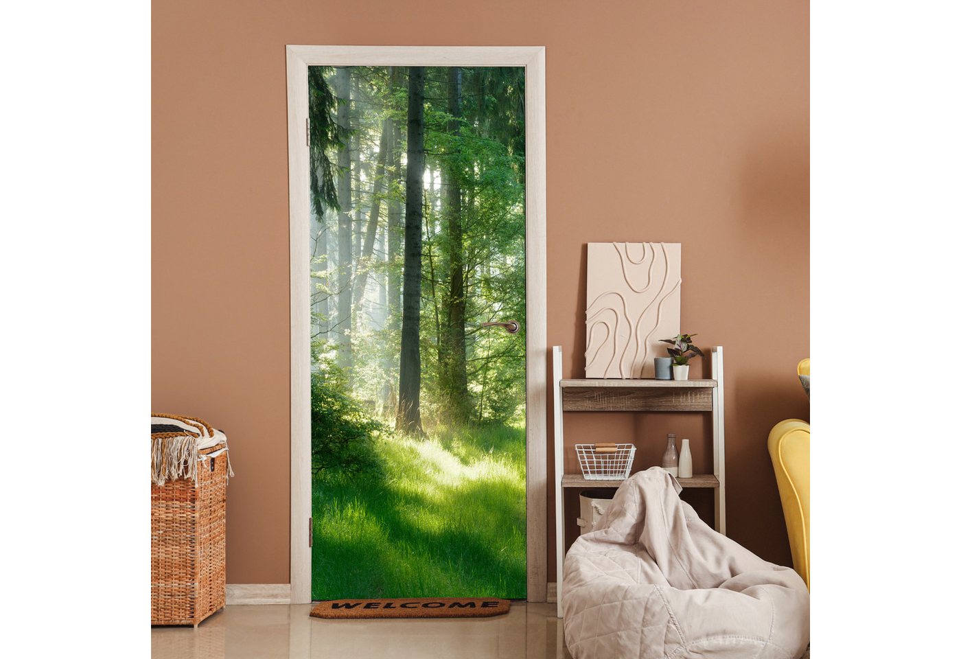 MuchoWow Türtapete Natur - Bäume - Wald - Grün - Sonne - Gras - Pflanzen, Matt, bedruckt, (1 St), Selbstklebende Tapete, Folie für Möbel, 70x215 cm Bild 3