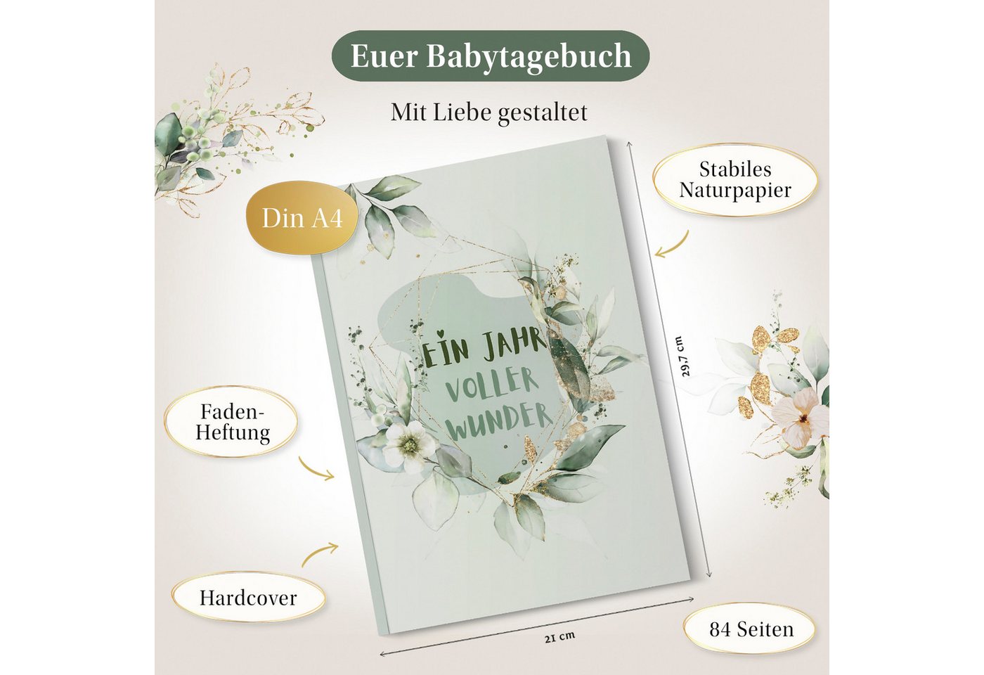 Eulentaler Tagebuch Babyalbum & Babybuch Mein 1. Jahr Boho, von Pädagogen gestaltet, handgemalte Tiermotive, 84 Seiten, Hardcover