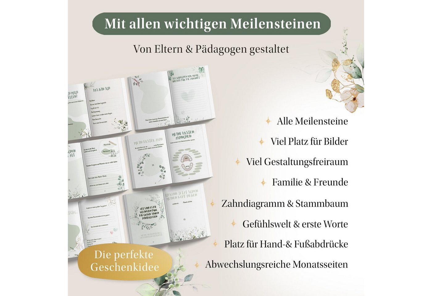 Eulentaler Tagebuch Babyalbum & Babybuch Mein 1. Jahr Boho, von Pädagogen gestaltet, handgemalte Tiermotive, 84 Seiten, Hardcover Bild 2