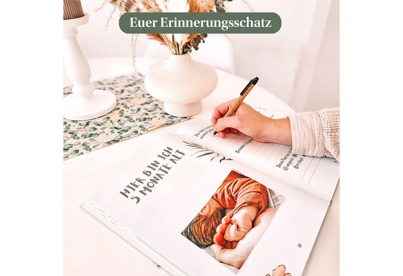 Eulentaler Tagebuch Babyalbum & Babybuch Mein 1. Jahr Boho, von Pädagogen gestaltet, handgemalte Tiermotive, 84 Seiten, Hardcover Bild 3