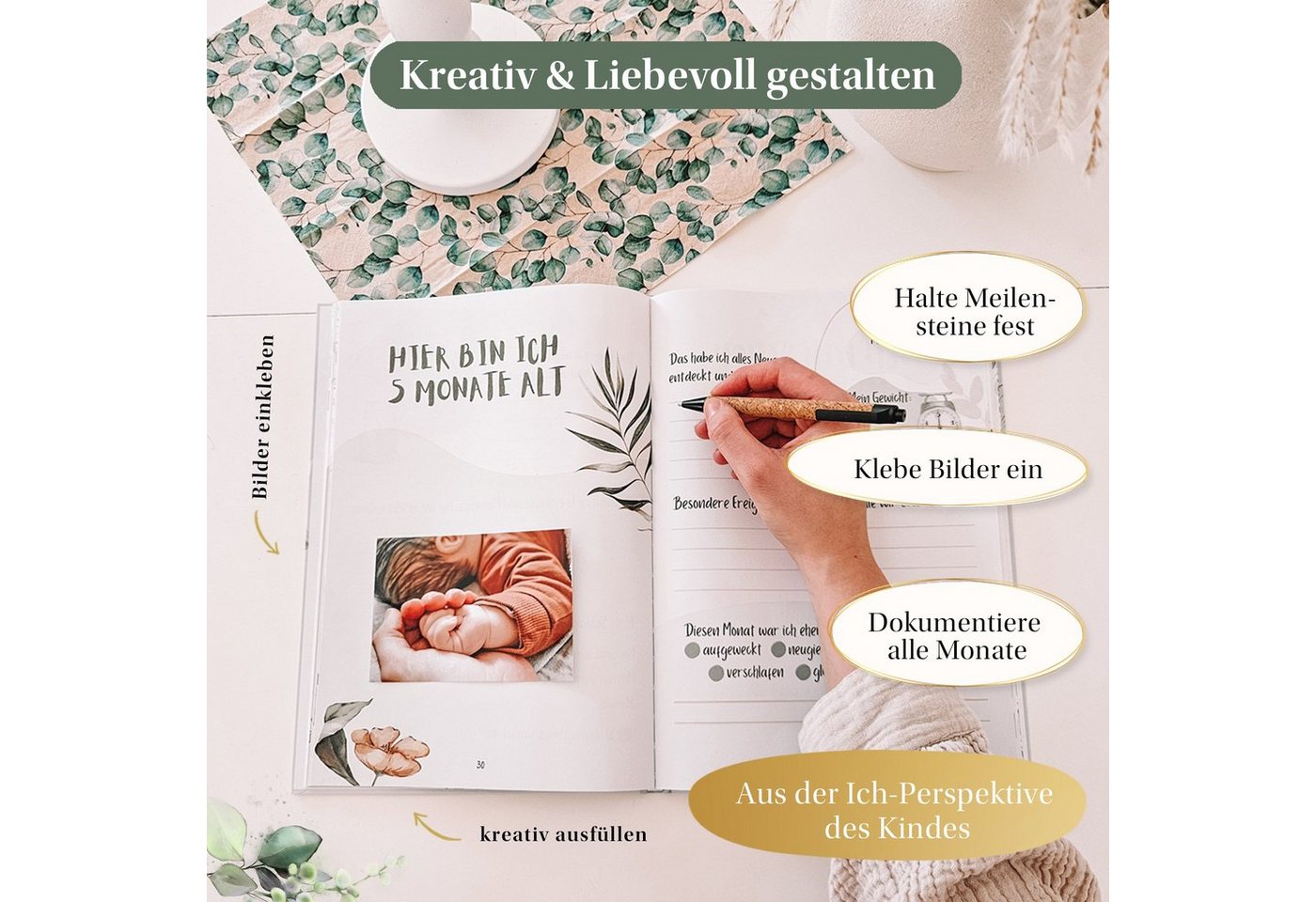 Eulentaler Tagebuch Babyalbum & Babybuch Mein 1. Jahr Boho, von Pädagogen gestaltet, handgemalte Tiermotive, 84 Seiten, Hardcover Bild 4