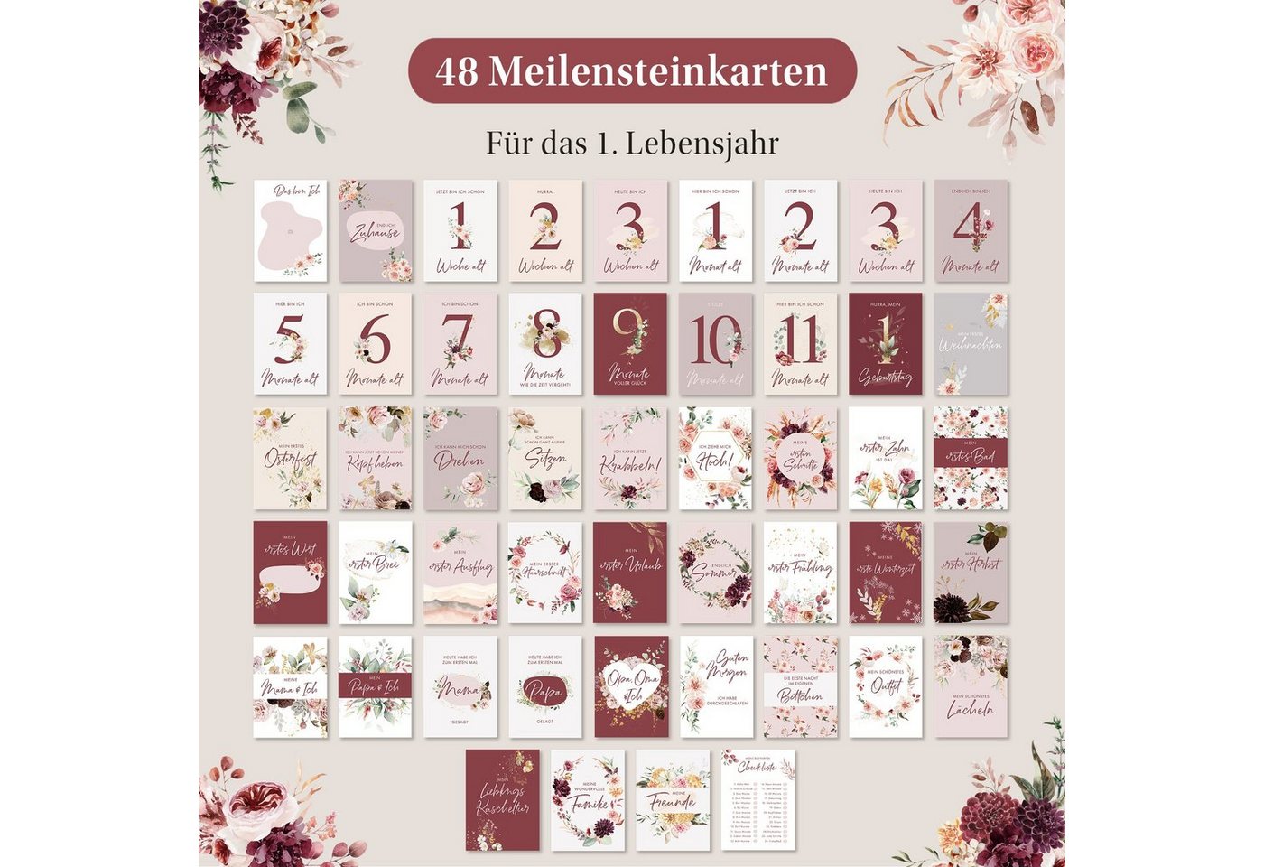 Eulentaler Geschenkkarte 48 Meilensteinkarten Baby Mein 1. Jahr, von Pädagogen gestaltet, handgemalt, Boho, in Erinnerungsbox Bild 4