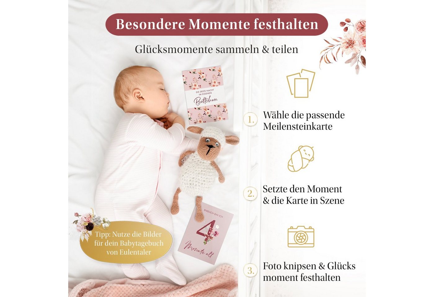 Eulentaler Geschenkkarte 48 Meilensteinkarten Baby Mein 1. Jahr, von Pädagogen gestaltet, handgemalt, Boho, in Erinnerungsbox Bild 5