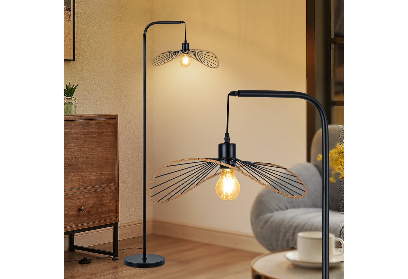 ZMH Stehlampe Wohnzimmer Vintage Metall E27 Stehleuchte Papierschirm Schlafzimmer, ohne Leuchtmittel, Metall & Papier,Höhenverstellbarer Schirm,Schmetterlingsschirm Bild 2