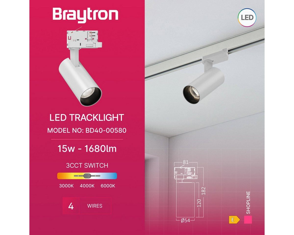 Braytron Schienensystem-Leuchten 3-Phasen LED-Schienenstrahler 15W mit 3-CCT Farbtemperatur, LED fest integriert, Neutralweiß, Kaltweiß, Warmweiß, Schwenkbar, Drehbar, 3CCT Bild 4